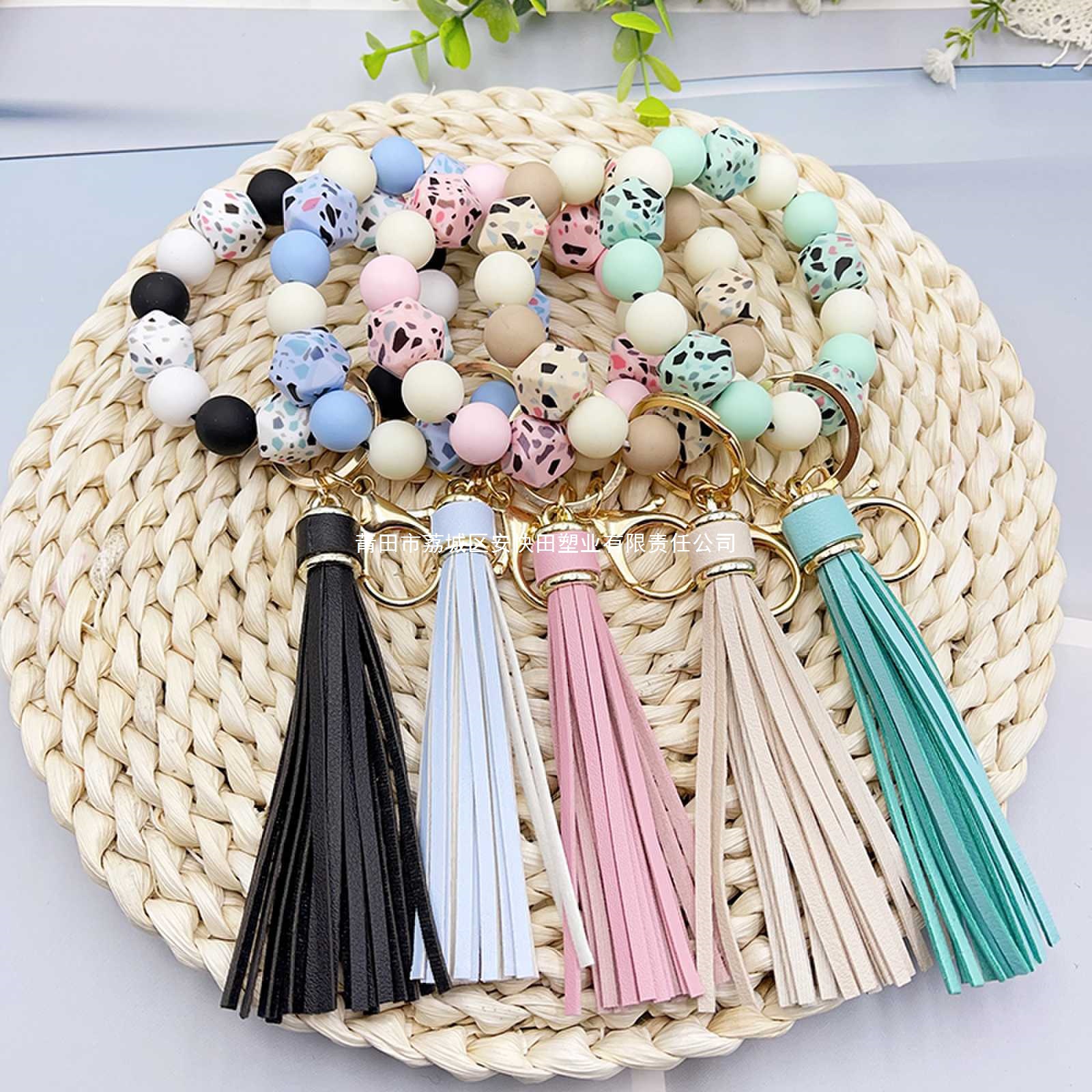 Wholesale Camouflage Stone Silicone Beaded Wrist Keychain