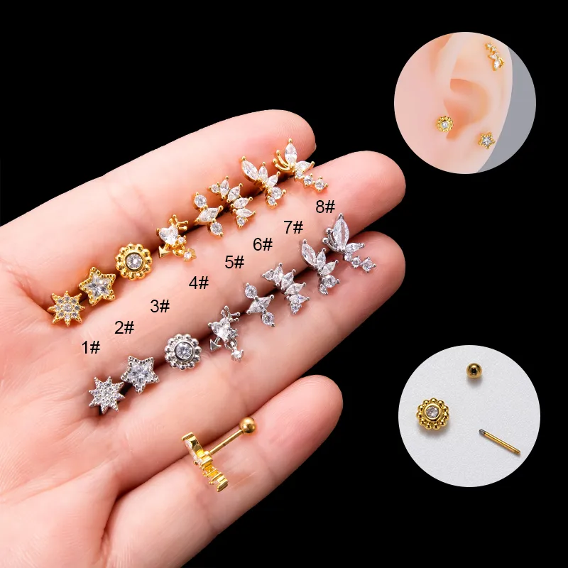 Wholesale 1 Piece Sweet Simple Style Pentagram Flower Butterfly Plating Inlay Copper Zircon Cartilage Earrings