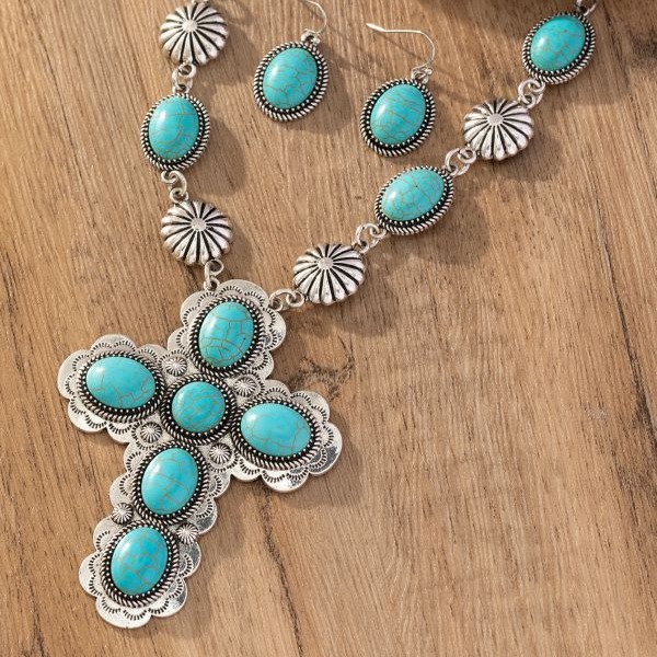 Wholesale Cross-Border European and American Retro Fashion Cross Turquoise Necklace and Earrings Western Style Exaggerated Jewelry Set