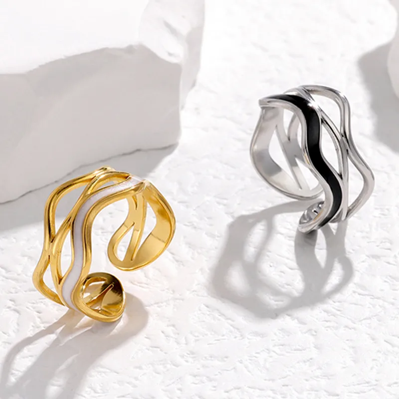 Wholesale PVD Coated Real Gold Plated Waves Stainless Steel Fashion Waterproof Non Tarnish Open Ring