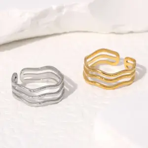 Wholesale PVD Coated Real Gold Plated 18K Gold Waves Lines 304 Stainless Steel IG Style Simple Style Classic Style Waterproof Non Tarnish Open Rings