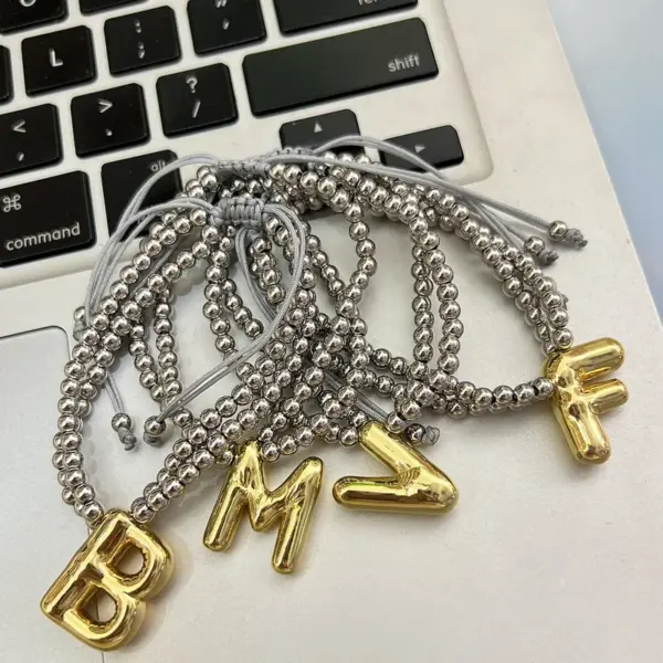 Brass 18K Gold Plated Beaded Letter Drawstring Bracelets