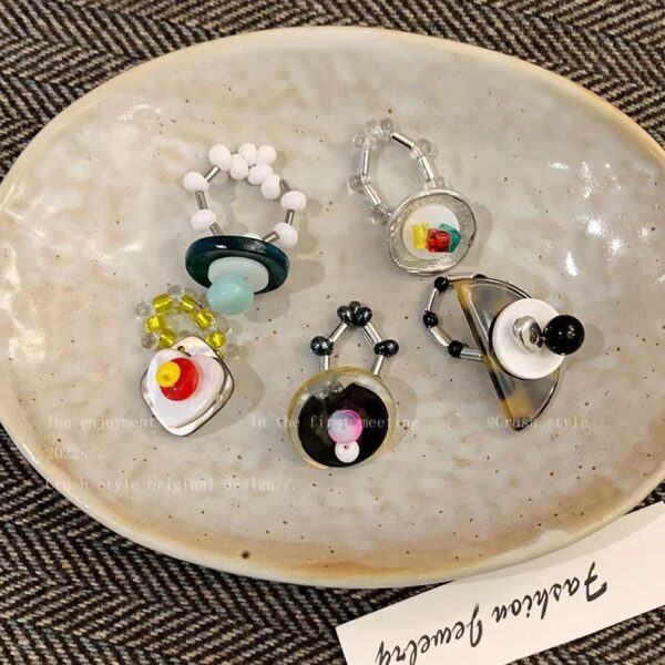 Wholesale Multi-Element ~ vintage beaded ring for women trendy light luxury niche design index finger ring cold wind elastic stacked ring