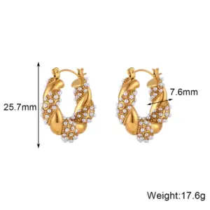 Mosaic Zircon Glossy Twist Earrings-Gold-Pearl