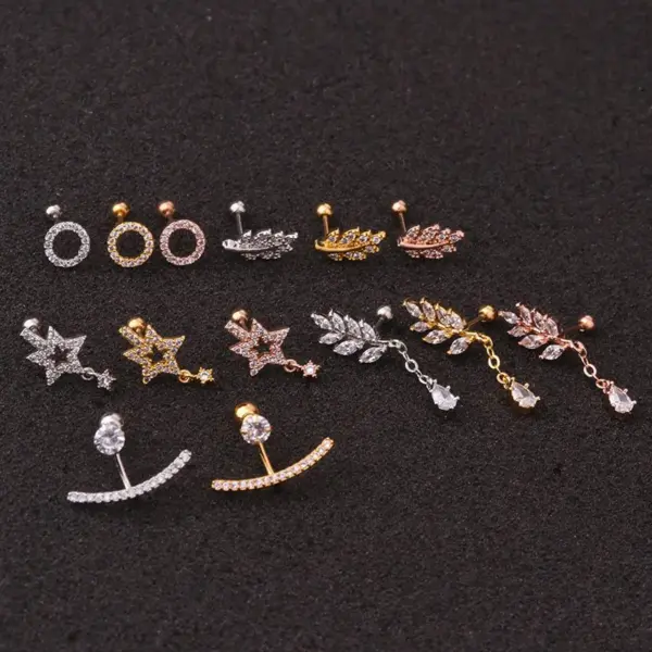 316L Stainless Steel Copper Zircon Ear Cartilage Rings & Studs Leaf Waterproof Non Tarnish Surgical Steel