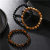 Wholesale Cross-Border Men's Hand Jewelry, Simple and Versatile 8mm Black Frosted Tiger Eye Picture Stone Elastic Set Stacking Bracelet for Men