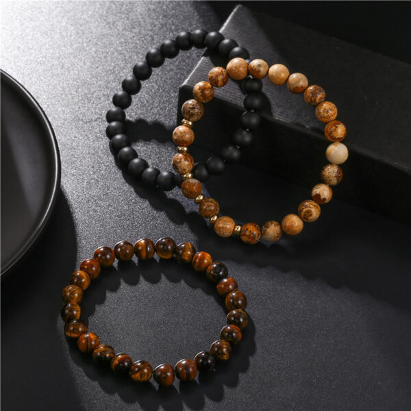 Wholesale Cross-Border Men's Hand Jewelry, Simple and Versatile 8mm Black Frosted Tiger Eye Picture Stone Elastic Set Stacking Bracelet for Men