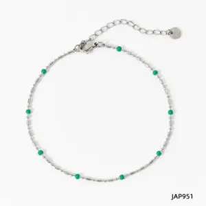 Jap951 Anklet Silver + Emerald Green / 14K