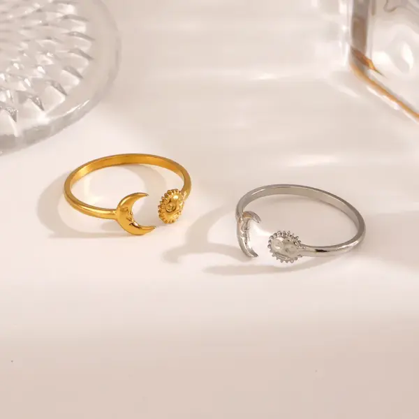 Ion Plating (IP) 18K Gold Plated Sun Moon 304 Stainless Steel Hip-Hop Waterproof Non Tarnish Open Rings