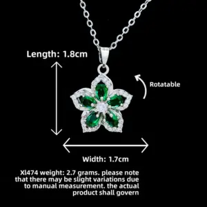 XL474 Rotating Green Five-Petal Flower Necklace / Silver