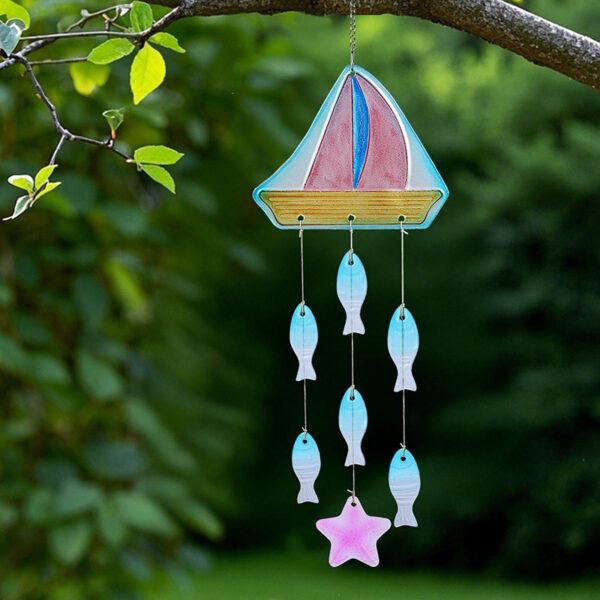 Wholesale Cross-Border New Product Stained Glass Wind Chime Ocean Turtle Sailboat Starfish Pendant Creative Iron Art Home Courtyard Pendant