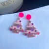 Wholesale Christmas acrylic earrings with colorful patchwork green and pink Christmas tree design