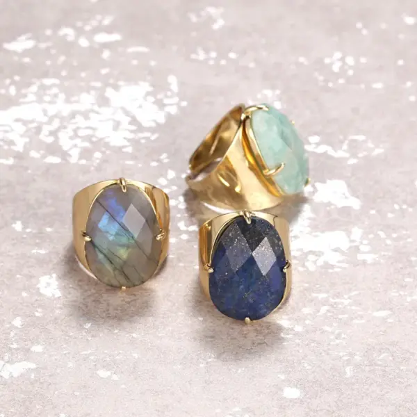 Wholesale Elegant Oval Natural Stone Copper Inlay Artificial Gemstones Open Ring