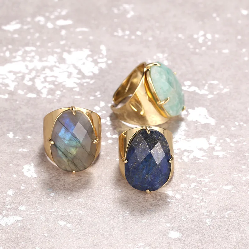 Wholesale Elegant Oval Natural Stone Copper Inlay Artificial Gemstones Open Ring