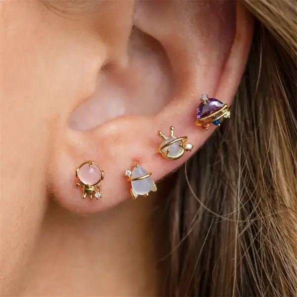 Wholesale Lady Geometric Brass Ear Studs Metal Gem Copper Earrings