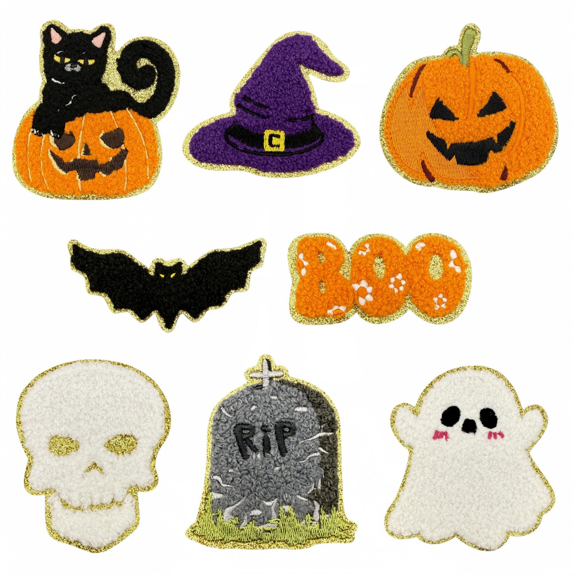 Wholesale Cross-Border Gold-Edged Pumpkin Embroidery Ghost Cloth Patch Computer Embroidery Clothing Aessories Patch Ironing Style