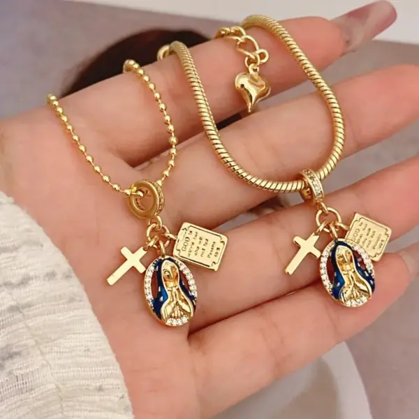 Wholesale Jewelry Casual Simple Style Cross Virgin Mary Copper Zircon 18K Gold Plated Plating Bracelets Necklace Ball Chain