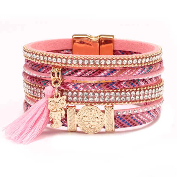 Wholesale Diamond-studded Bohemian Tassel Colorful Magnetic PU Leather Bracelet