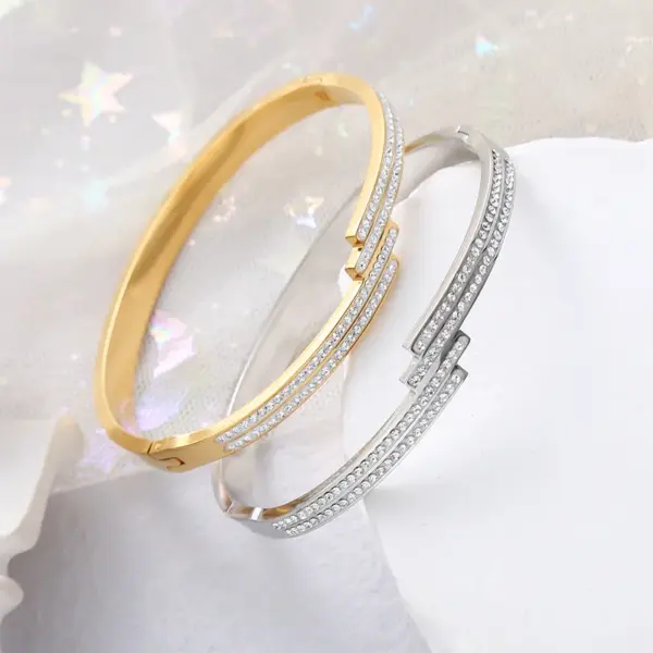 Wholesale Basic Classic Style Commute Geometric Stainless Steel Asymmetrical Inlay Zircon Bangle