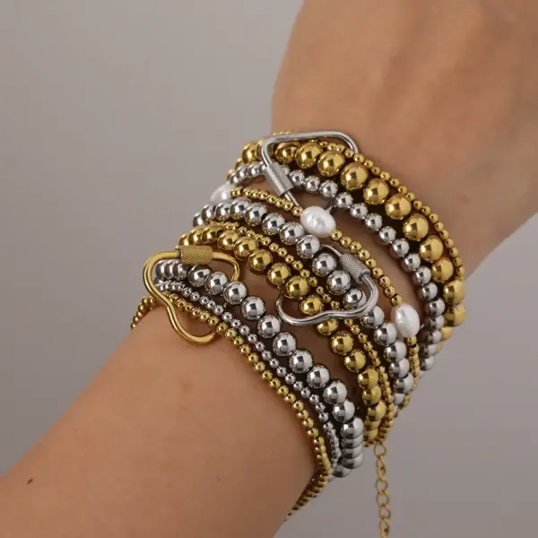 Wholesale Stainless Steel 18K Gold Plated Multi-Layer Beaded Elastic Rope Bracelet Casual Everyday Date Selfie Festival Geometric Heart Shape