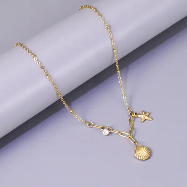 304 Stainless Steel Starfish Shell PVD Coated Zircon 18K Real Gold Plated Marine Style Simple Style Waterproof Non Tarnish Inlay Cable Chain Gold Multi Charms Necklace