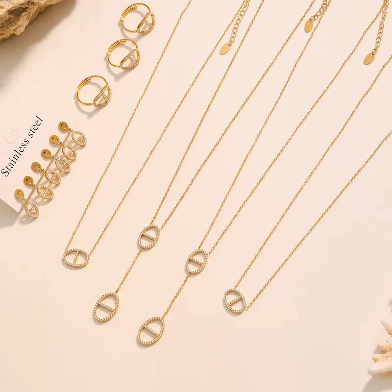Wholesale Stainless Steel Zirconia Nose Ring Necklace Bracelet Earrings Jewelry Set Elegant Luxury Party Jewelry For Women
