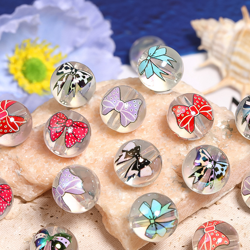 Wholesale Cross-border acrylic sweet bow printing beads diy mobile phone chain beaded pen car hanging aessories loose beads