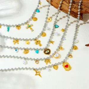 Wholesale Jewelry Modern Style Cross Heart Shape Bow Knot 304 Stainless Steel Plating Multi Charms Necklace Ball Chain