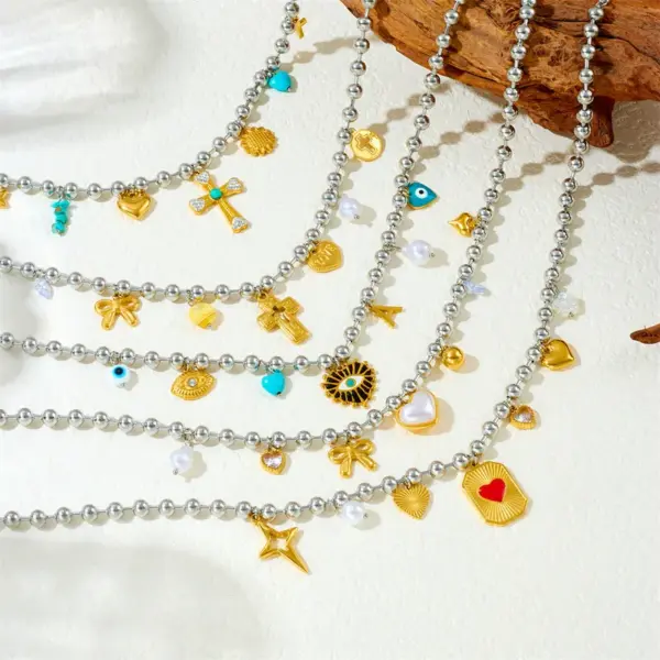 Wholesale Jewelry Modern Style Cross Heart Shape Bow Knot 304 Stainless Steel Plating Multi Charms Necklace Ball Chain