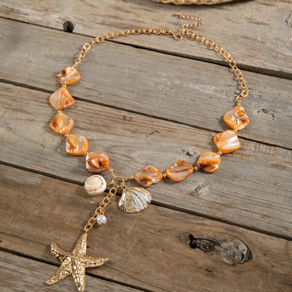 Wholesale European and American Cross-Border Bohemian Geometric Exaggerated Turquoise Necklace, Vacation Style Personalized Starfish Shell Collarbone Chain Jewelry