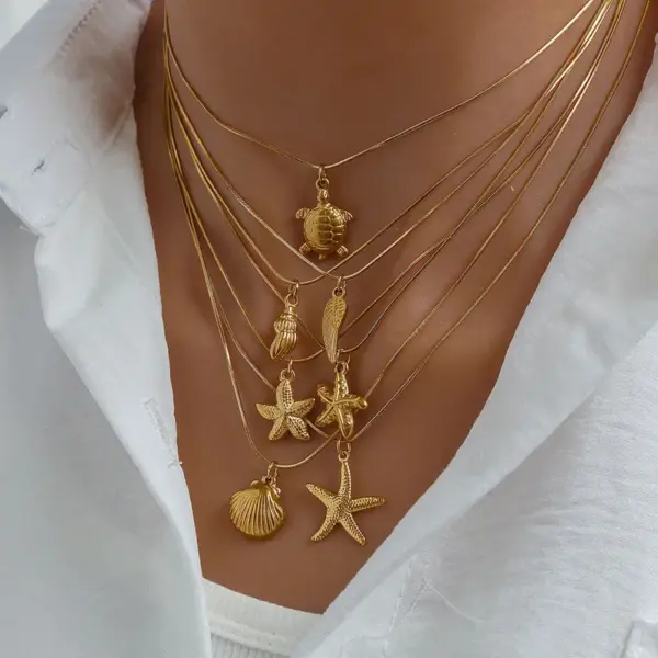 Wholesale Jewelry Exaggerated Beach Starfish Conch Shell 304 Stainless Steel Snake Chain Pendant Necklace