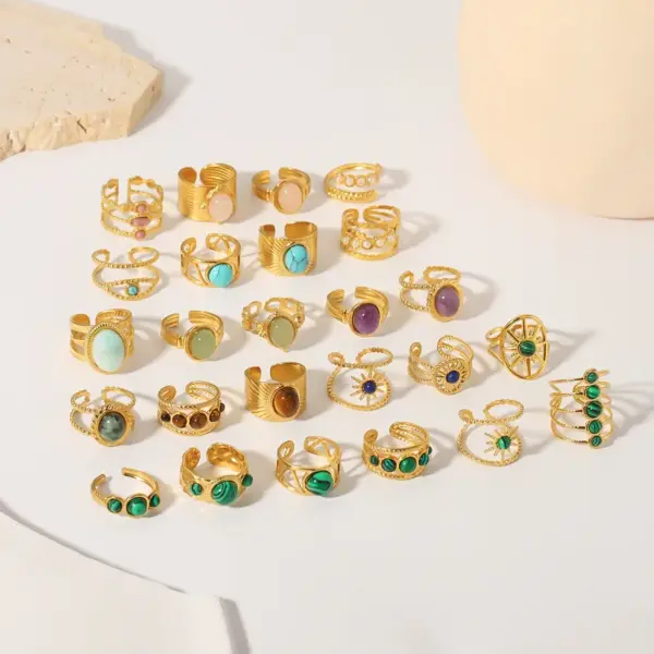 Wholesale 304 Stainless Steel C Shape Geometric Round PVD Coated Natural Stone 18K Real Gold Plated Real Gold Plated Basic Vintage Style Waterproof Non Tarnish Plating Inlay Open Rings