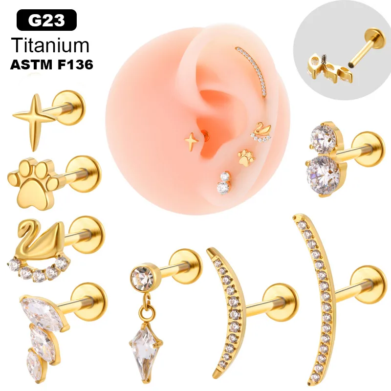 Henson F136 Titanium Alloy Ear Bone Nail Micro Inlaid Zircon Flat Bottom Rod Inner Tooth Screw Earring High Quality Piercing Earring
