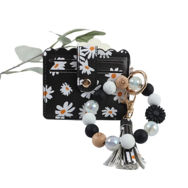 Wholesale Cute daisy print beaded bracelet keychain PU leather tassel card holder charm