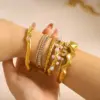 Wholesale 304 Stainless Steel Geometric Round Square PVD Coated Artificial Pearls Rhinestones Zircon 18K Gold 18K Real Gold Plated Real Gold Plated Glam Classic Style Waterproof Non Tarnish Asymmetrical Polishing Gold Cuff Bracelets Bangle