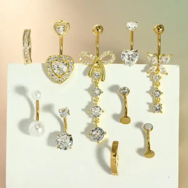 Wholesale Factory Direct Sales 10-Piece Pink Series Peach Heart Navel Ring Navel Stud Butterfly Navel Buckle Piercing Jewelry