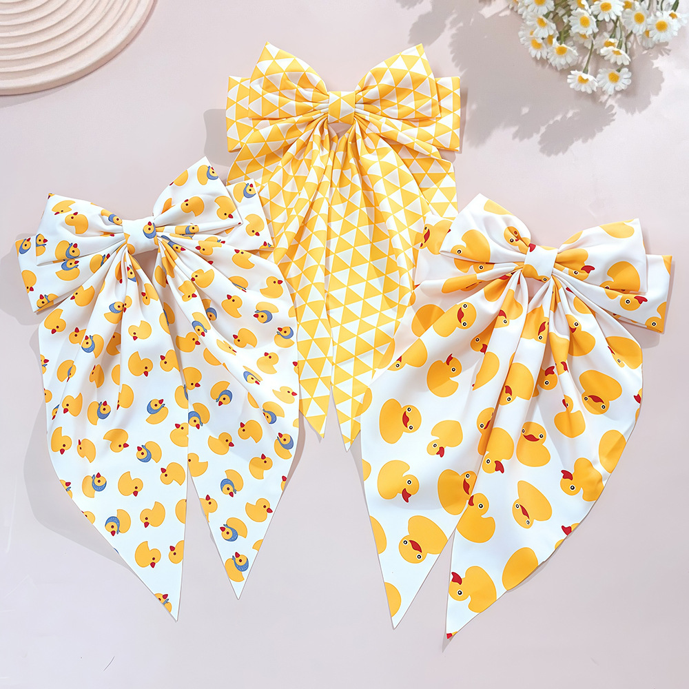 Wholesale Cartoon Little Yellow Duck Print Double-Layer Bow Spring Clip Long Ribbon Hairpin Back of the Head Top Clip Cute Hair Aessory