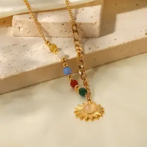 Wholesale Jewelry IG Style French Style Sun Titanium Steel Cat's Eye Stone PVD Coated Inlay Figaro Chain Pendant Necklace