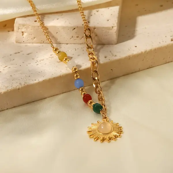 Wholesale Jewelry IG Style French Style Sun Titanium Steel Cat's Eye Stone PVD Coated Inlay Figaro Chain Pendant Necklace