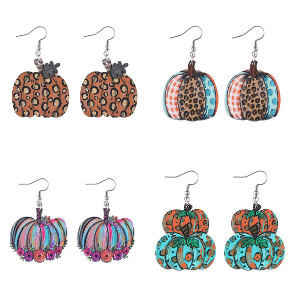 Wholesale Thanksgiving Leopard Print Pumpkin Pendant Wooden Double-Sided Earrings