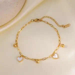 Qyb5028 Golden Balls White Shell Heart Anklet / Gold