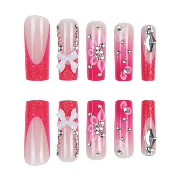 Wholesale Cross-border New Wearable Long Water Pipe Nail Pieces French Pink Broken Diamond Bow Wearing Nail Patch Nail Pieces