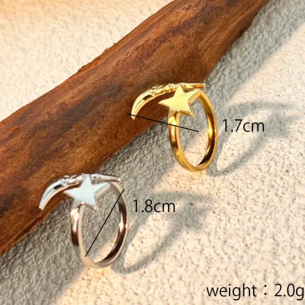 Wholesale PVD Coated Real Gold Plated 18K Gold Star Moon 304 Stainless Steel Casual Retro Waterproof Non Tarnish Open Rings