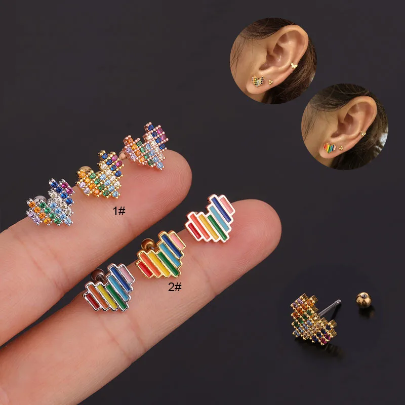 Wholesale 316L Stainless Steel Zircon Ear Cartilage Rings & Studs Heart Waterproof Non Tarnish Surgical Steel Women'S