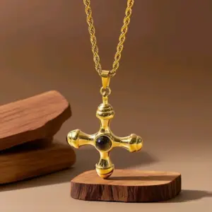 X06027-Cross Tiger Eye Stone-Necklace- Gold