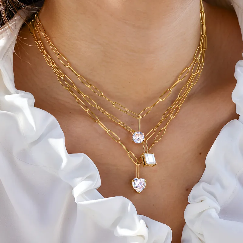 Wholesale 304 Stainless Steel Plated With 18K Real Gold Vacuum Electroplating (In Furnace) Gold Women's Suitable Geometric Zircon Necklace