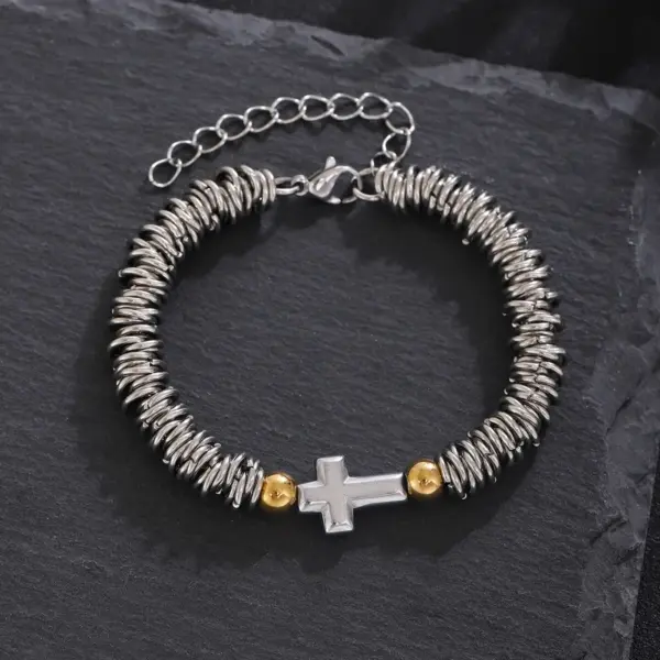 Wholesale St Benedict And Madonna Pendant Stainless Steel Bracelet With Gold Beads Unisex Casual Everyday Wear Cross Heart Religious Jewelry