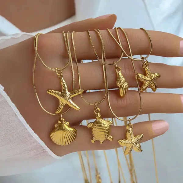 Wholesale Jewelry Exaggerated Beach Starfish Conch Shell 304 Stainless Steel Snake Chain Pendant Necklace