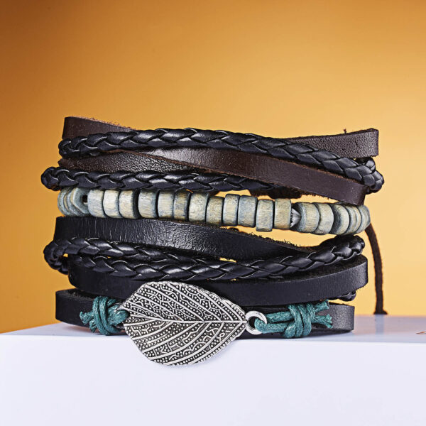 oly-da0eeb9002536116da09cda9fdc8d8db Wholesale leather suit bracelet creative leaves wooden beads woven leather adjustable suit bracelet