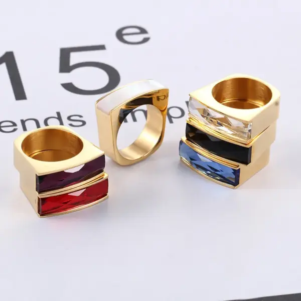 Wholesale 1 Piece Fashion Square Stainless Steel Plating Glass Rings